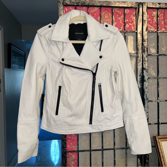 Marciano Moto Jacket White w/ Black Zippers - NWT - Sz XS - 100% Luxury Leather